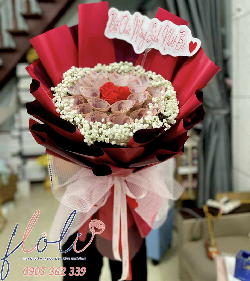 bó hoa tiền tặng sinh nhật bà đẹp