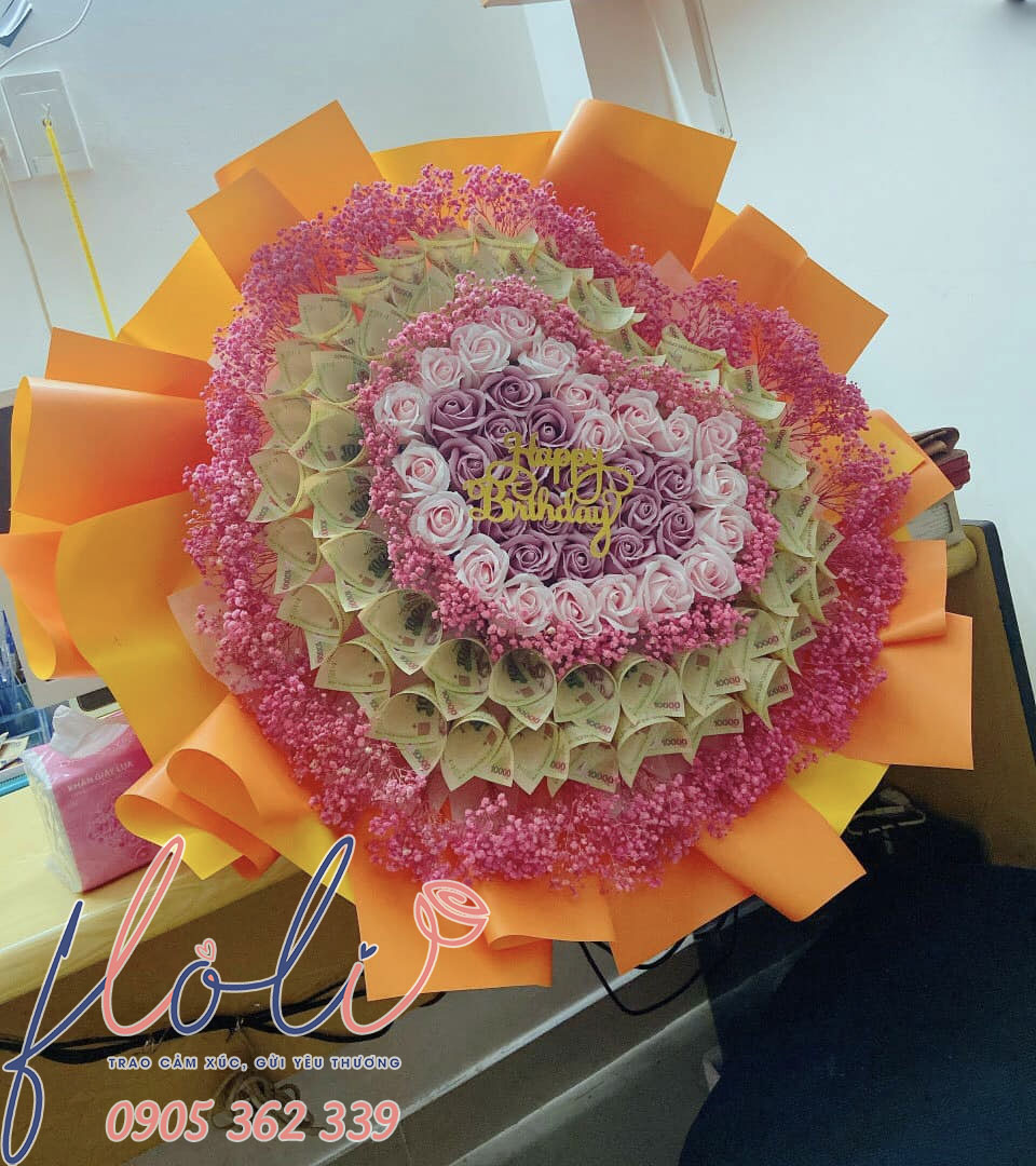 bó hoa tiền tim sáp tặng sinh nhật ba mẹ, ông bà