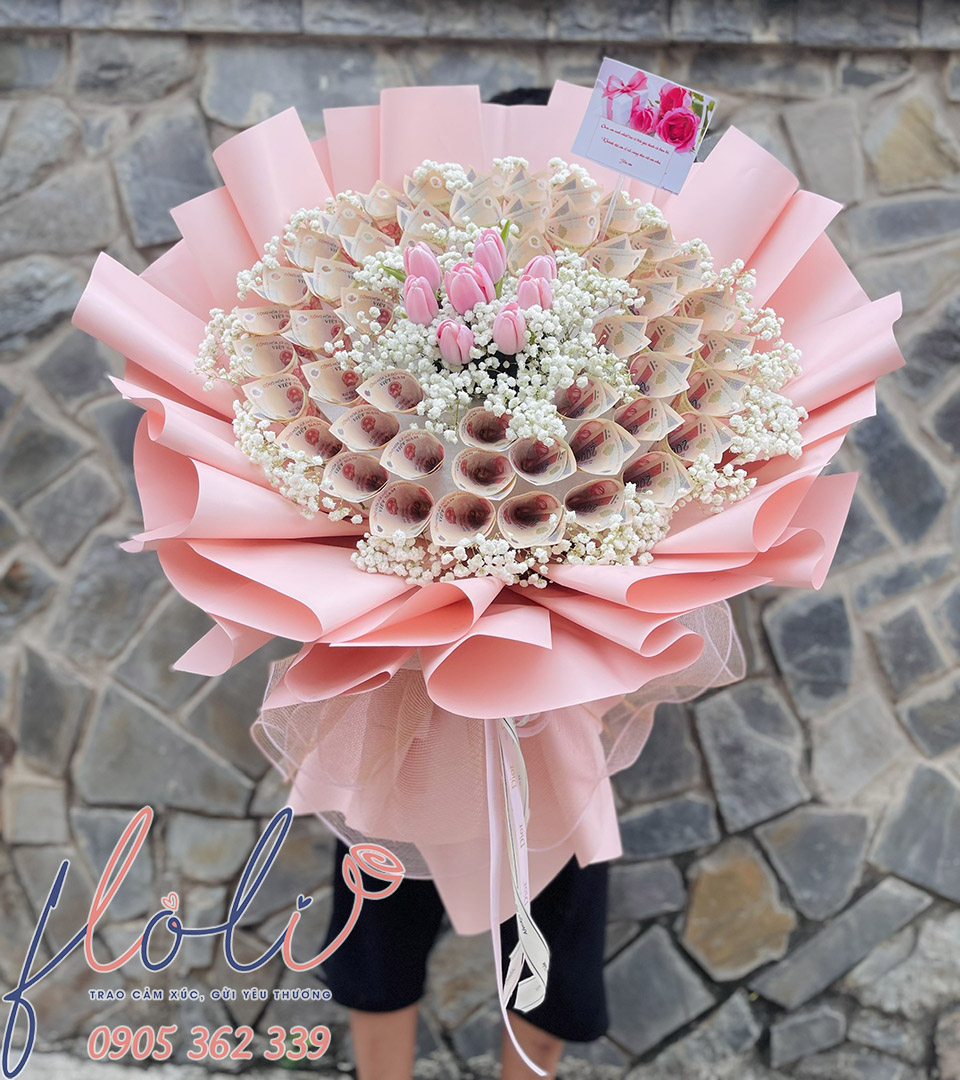 bó hoa tiền thật mix Tulyp tặng sinh nhật ba mẹ, ông bà